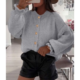 PRETTYGARDEN Womens Cropped Cardigans Trendy 2025 Ruffle Open Front Chunky Knit Sweater Oversized Button Down Fall Clothes (Grey,Large)