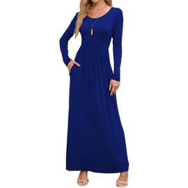 DEARCASE Women Dress Dark Blue X-Large Crewneck Long Sleeves Maxi Wedding Guest A-line Plain Casual Empire Waist Flowy Party Vintage Spring Fall Winter Floor Dresses with Pocket