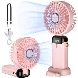 Ventilador Portátil de Mano Recargable Plegable - Recargable por USB, Plegable de 90° Base, Mini Ventilador de 5 Velocidades con Cordón y Base, Visualización Digital LCD para Hogar, Oficina (Rosa)