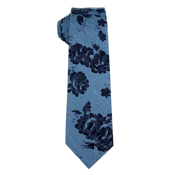 Corbata fina de algodón para hombre con diseño floral, Azul