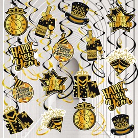 GULWAT Happy New Year Decorations 2026 Hanging Swirls 40 PCS Pre-Strung Ceiling Black Gold Hanging Swirls Decor for Home Office 2026 New Years Eve Party Ceiling NYE Decorations Supplies