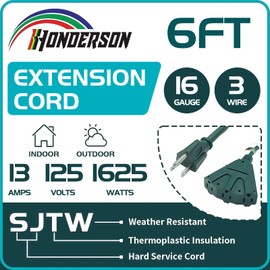 HONDERSON 3-Outlets Indoor Outdoor Extension Cord Weatherproof, UL Listed, 16 Gauge 6FT Green 3 Prong Heavy Duty Extension Cord Multiple Outlets, 16/3 SJTW 13A Power Extension Cord