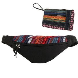 Ethnic Canvas Fanny Pack for Men and Women – Unisex Boho Bum Waist Bags with Zipper Pockets, Hands-Free Sling Crossbody Purse Adjustable Strap Travel Streetwear Hiking Camping Shopping Outdoor, Black