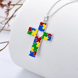 LONAGO Autism Awareness Cross Necklace 925 Sterling Silver Gifts for Autistic Colorful Puzzle Piece Pendant Jewelry for Women