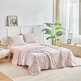 Joyreap Queen Size Cooling Comforter Set, Pinkish Orange Floral Design, Double Side Cooling Blanket for Hot Sleepers and Night Sweats, Breathable Lightweight Silky Smooth Bedding Set- 88x88 inches