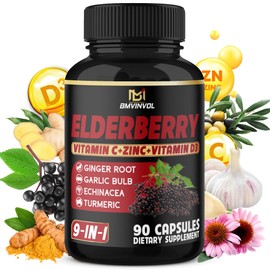 Elderberry Extract Capsules - 4015mg Herbal Equivalent - 9 in 1 Herbal Supplement for Antioxidant & Immune Support - Enhanced with Vitamin C, Vitamin D3, Ginger Root - 3 Month Supply