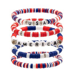 Holiday Heishi Surfer Bracelet Set for Women 4th of July Independence Day Beaded Stretch Bracelet Patriotic Red White Blue Star America Flag Stackable Charm Bracelets Memorial Jewelry -Set 1