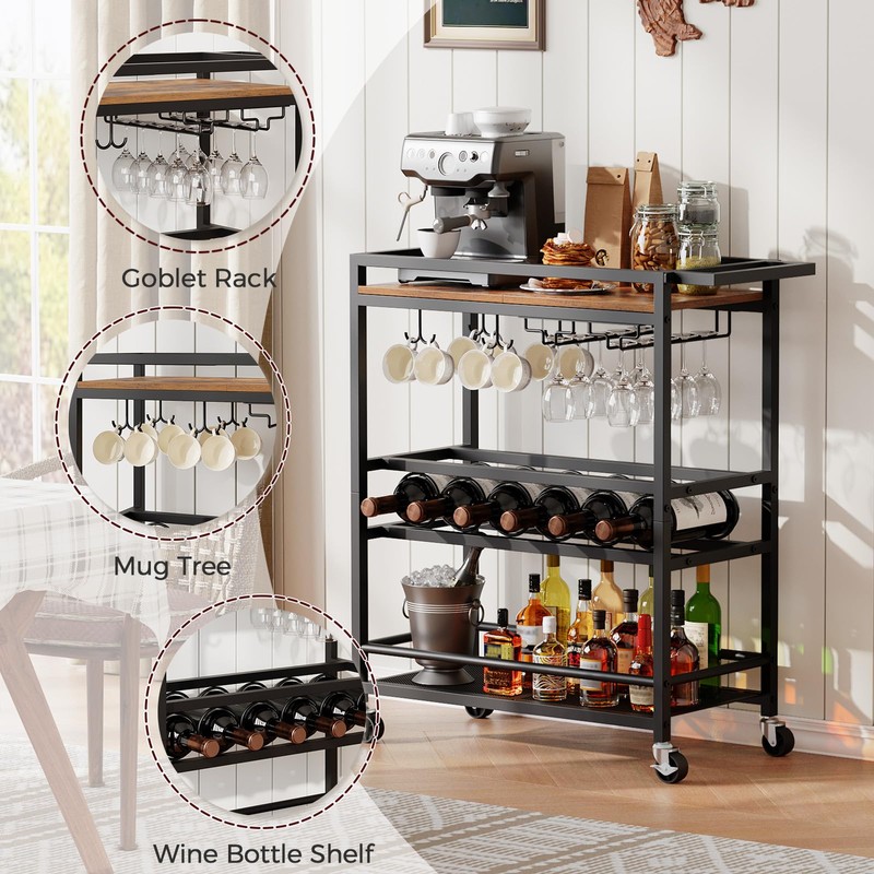 MAHANCRIS Bar Cart for Home, 3-Tier Serving Cart with Wine