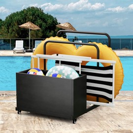 FONTOI Pool Storage, Pool Float Storage Bin with Wheels, Waterproof Outdoor Pool Towel Rack, All-Weather Deck Storage Box for Outdoor Patio Floats, Black