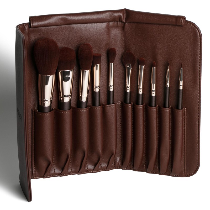 Ten Professional Makeup Brushes Set with Case and Pouch Soft