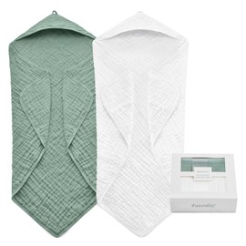 FAVERDIIY Hooded Baby Towels for Newborn, 35x35 Inch 2 Pack 100% Muslin Cotton Baby Bath Towel, Soft Baby Beach Towels with Hood for Infants, Toddlers and Kids, (Roman Green + White)