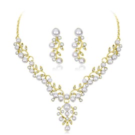 Cangall Jewellery Sets for Women, Necklace and Drop Earring Set with Clear Crystal & Pearl, Gold Wedding Jewellery Set for Ladies Bride Bridesmaid, Pearl Crystal Women's Jewellery Set for Engagements