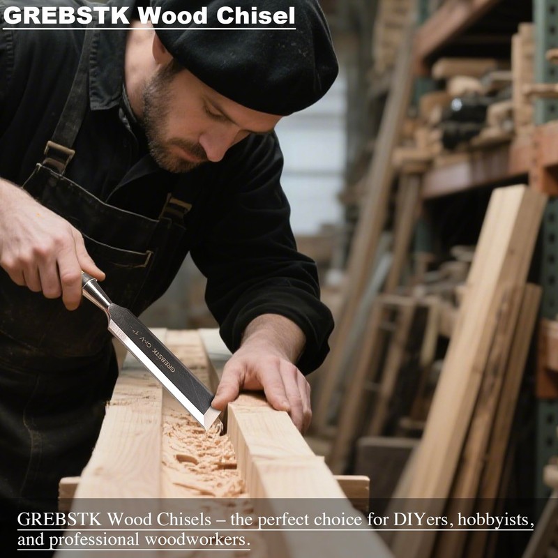 GREBSTK 4PCS Wood Chisel Set, Burr-Free CR-V Steel Beveled Blades,