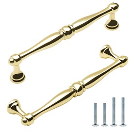 FURFITT 4 Pack Polished Gold Cabinet Pulls 5 Inch(128mm) Hole Center Zinc Alloy Polished Brass Handles for Drawer Dresser Kitchen Cupboard Bathroom Furniture Hardware