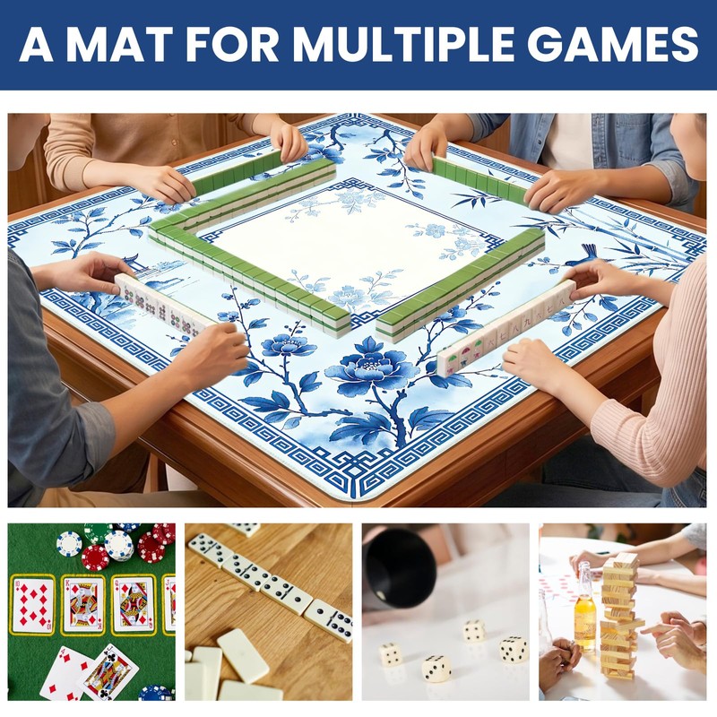 Mocsicka Blue Chinoiserie Mahjong Mat 31.5" x 31.5" with Carry