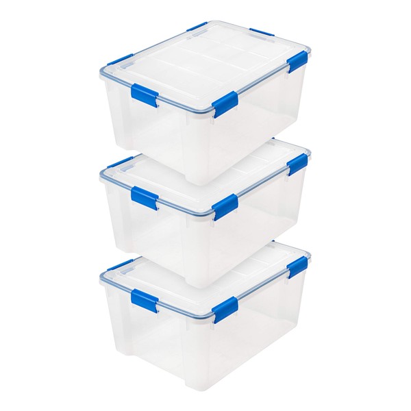 IRIS USA 3 Pack 60 Quart WeatherPro Plastic Storage Box Durable Lid and Seal and Secure Latching Buckles