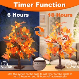 2 Packs 24 Inch Lighted Maple Tree Fall Decorations with 48 LEDs Timer Battery Operated 3D Acorn Maple Leaf Lampshade Artificial Autumn Tree Lights for Table Home Indoor Fall Thanksgiving Decor