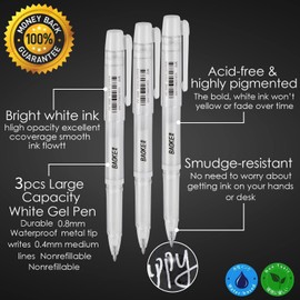 Qionew White Gel Pen Set, 3 Pack, 1mm Gel Ink Pens Opaque White Archival Ink Pens for Black Paper Drawing, Sketching, Illustration, Card Making, Bullet Journaling