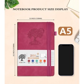 PERCUN Lined Journal Notebook for Women and Men,Hardcover Leather Journaling Notebook for Writing,Travel,Business,Work and School,200 Pages A5 Notebook for Note Taking,Diary 5.9" × 8.5" - Wine red