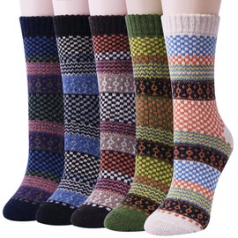 Loritta 5 Pairs Womens Vintage Style Winter Warm Thick Knit Wool Cozy Crew Socks, Multicolor 06