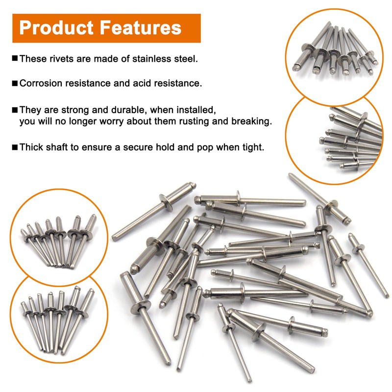 ISPINNER 260pcs Stainless Steel Blind Rivets, 7 Sizes Pop Rivets
