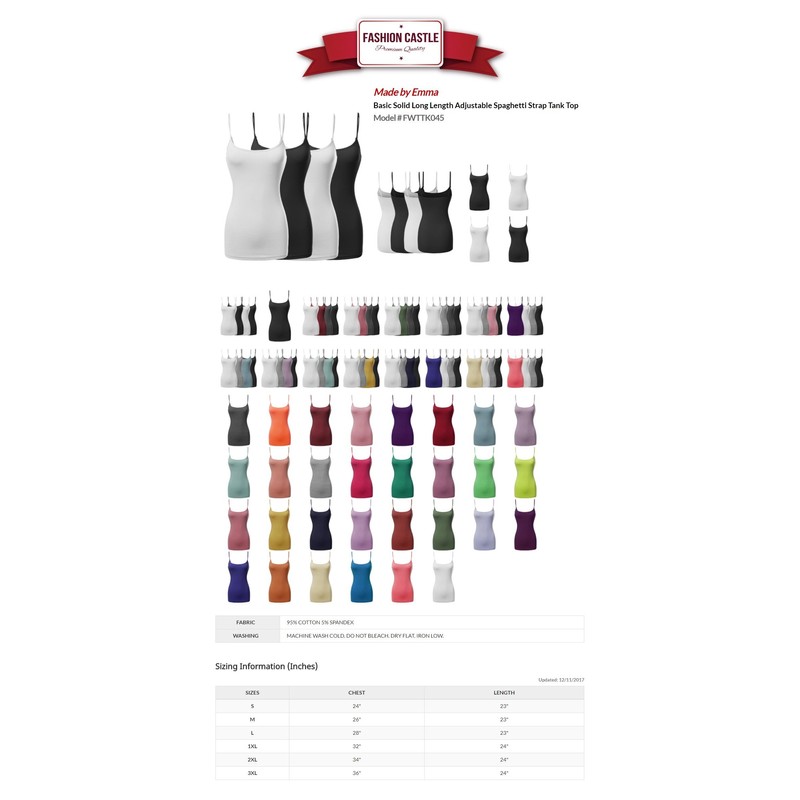 Basic Solid Long Length Adjustable Spaghetti Strap Tank Top 4-Pack,