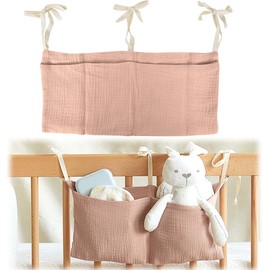 Baby Bed Organiser, Nursery Hanging Bed Organiser with 2 Pockets, Organiser Side Cot Baby, Bed Bag, Toy Bag, Storage Bags for Beds, for Nappies, Clothes, Toys (Pink)