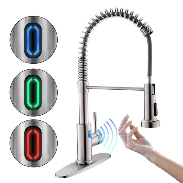 OWOFAN Touchless Kitchen Faucet with Pull Down Sprayer LED Light Single Handle Kitchen Sink Faucet Motion Sensor Smart Hands-Free, Stainless Steel Brushed Nickel 1078SN