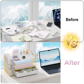 gianotter Wood Desk Organizers and Accessories with File Holder, 4-Tier Desk Accessories & Workspace Organizers with Drawer and Pen Holder, Paper Organizer for Office Supplies (Gold)