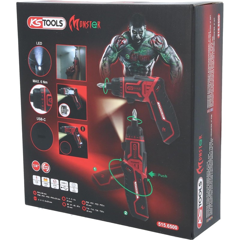 KS Tools 515.6500 eMONSTER 1/4 Inch Cordless Bit Screwdriver Set,