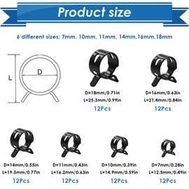 Eoppen 72Pcs Spring Hose Clamps Fuel Line Silicone Vacuum Hose Low Pressure Air Clamps & Sleeving Automotive Replacement Fastener Assortment Kit 6 Sizes (7mm 10mm 11mm 14mm 16mm 18mm) Black