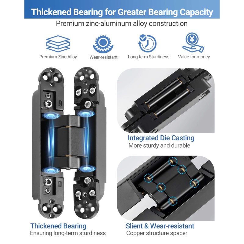 Upgraded Invisible Door Hinges (2 pcs) -6 Inch Black Hidden