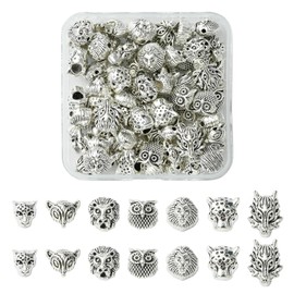 KitBeads 70Pcs 7 Styles Animal Head Beads Tibetan Animal Spacer Beads Metal Leopard Tiger Lion Beads for Jewelry Making Bracelets Necklaces Crafts