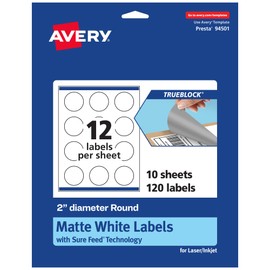 Avery TrueBlock Matte White Round Labels, Sure Feed Technology, 2" Diameter, 120 Matte White Labels, Print-to-The-Edge, Laser/Inkjet Printable, Great for Making Stickers or Product Merchandising