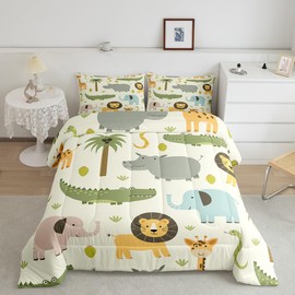 Nursery Cute Wild Animals Bedding Set for Girls Boys Child Kids Cartoon Lion Giraffe Crocodile Comforter Decor Nature Wildlife Comforter Set Zoo Animal Theme Duvet Set Full Size Quilt Set