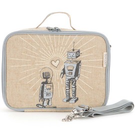 SoYoung Insulated Lunch Box - Toxin Free Lining, Washable Linen Outer, Robot Playdate