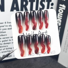 Handmade Press On Nails Long MouyouGlow, Ballerina Black Red Ombre Gothic Vampire Blood Black Red Gradient Resuable Fake Nails, Handmade Artificial Fingernails, 10 Pieces, 120-M