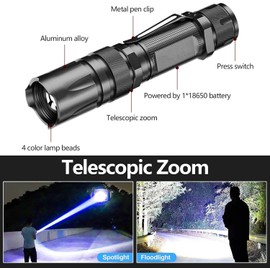 Pocketman LED Flashlight 4 in 1 Colors White Green Camping Lamp Blue Red Light Torch Rechargeable Waterproof Zoom Flashlight with Five Lighting Modes