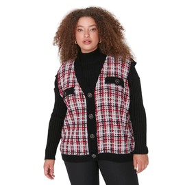 TRENDYOL Women's V-Neck Plaid Relaxed Plus Size Sweater, red