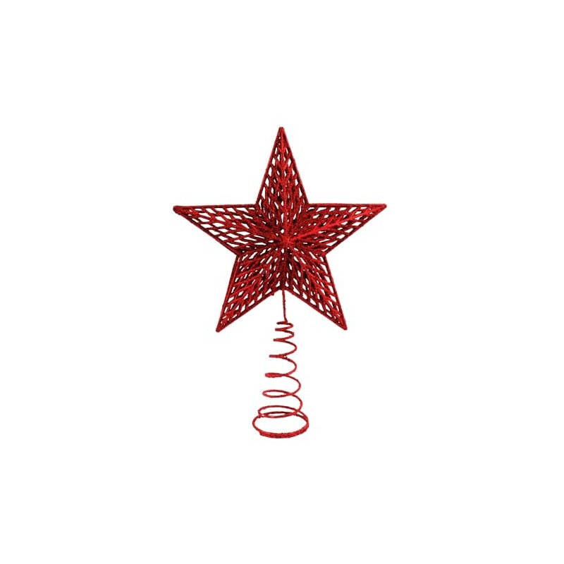 25cm Christmas Tree Star Topper - Red Glitter Hollow Xmas