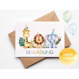 Essi's Stoff Boutique Set of 10 Zoo Animals Invitation Cards - Safari Children's Birthday - Includes Envelopes