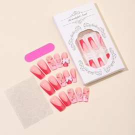 French Tip Press On Nails Long Square Coffin Fake Nails With Pink Heart Bow Design Glossy Acrylic False Nails Glue on Nails Full Cover Thick Stick on Nails for Women Girls 24Pcs XH-92-82