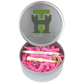 Castle Tees Pink 40 pcs x 60mm 2 1⁄3 inch Pink Premium Bamboo Golf Tees in a Tin with Pitch Repair Tool, Ball Marker & a Pencil. Twice the Strength of regular bamboo & very durable A Great Golf Gift.