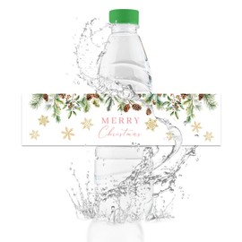 URROMA 50Pcs Merry Christmas Water Bottle Labels Hot Stamping Snowflake Water Bottle Stickers Waterproof Drinks Wrappers for Christmas Party Favors