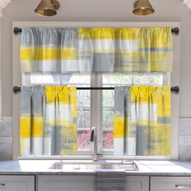 MCALK Grey and Yellow Blackout Kitchen Curtains Tiers and Valances Set 3 Piece for Windows Grey White Kitchen Window Curtains Set,Modern Abstract Art Valances for Living Room(36" Tiers Set)