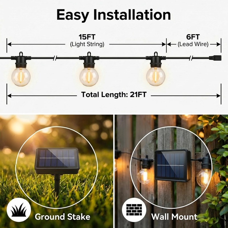 Solar String Lights Outdoor Waterproof, 21FT G50 LED Shatterproof Bulbs