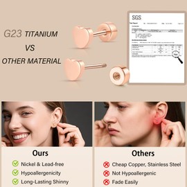 TitanHeart Earrings for Women Men, Hypoallergenic F136 Titanium Flat Back Stud Earring Minimalist Classic Heart Cartilage Earrings for Sensitive Ears, Rose Gold