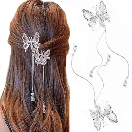 Bartosi Horquillas plateadas para el pelo de mariposa, pinzas para el pelo con borlas, horquillas de metal con mariposa, piezas de cabeza de novia, accesorios para el cabello para mujeres y niñas (paquete de 2)