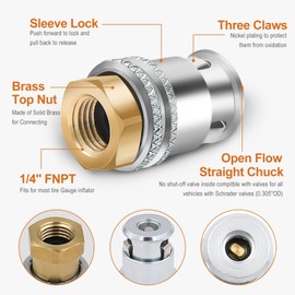 MACHSWON Lock On Air Chuck Brass Open Flow Straight Locking Air Chuck Quick Connect 1/4'' FNPT Tire Chuck for Pressure Gauge Tire Inflator Compressor Accessories