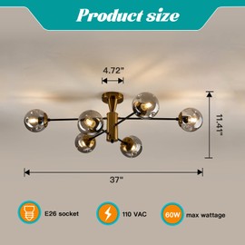 hesoge Modern Semi Flush Mount Ceiling Light Fixture 6-Light Sputnik Gold Chandelier with Glass Globe Mid Century Ceiling Lighting for Dinning Room Farmhouse Kitchen Bedroom Living Room